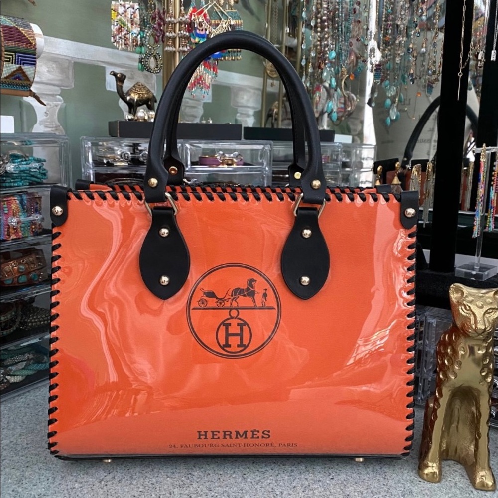 Upcycled Hermes paper shopping bag tote